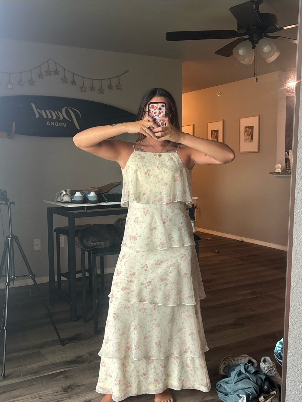 Vintage Cream Floral Layered Maxi Dress with Pink Accents